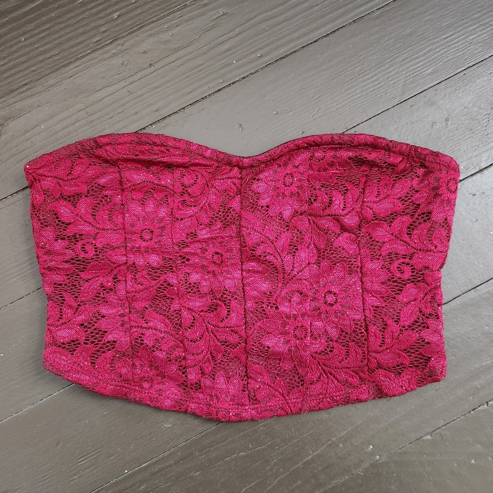 Altar'd State Strapless Floral Lace Sparkly Red Crop Top